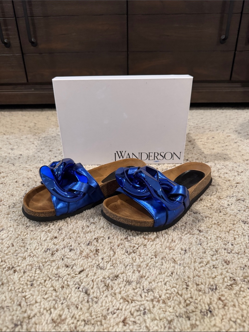 JW ANDERSON Metallic Electric Blue Knotted Slide Sandals